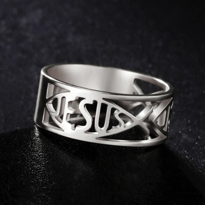 Anel Feminino “Jesus” em Aço Inoxidável