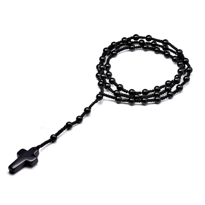 Conjunto Terço e Pulseira de Ágata Negra com Pingente de Cruz