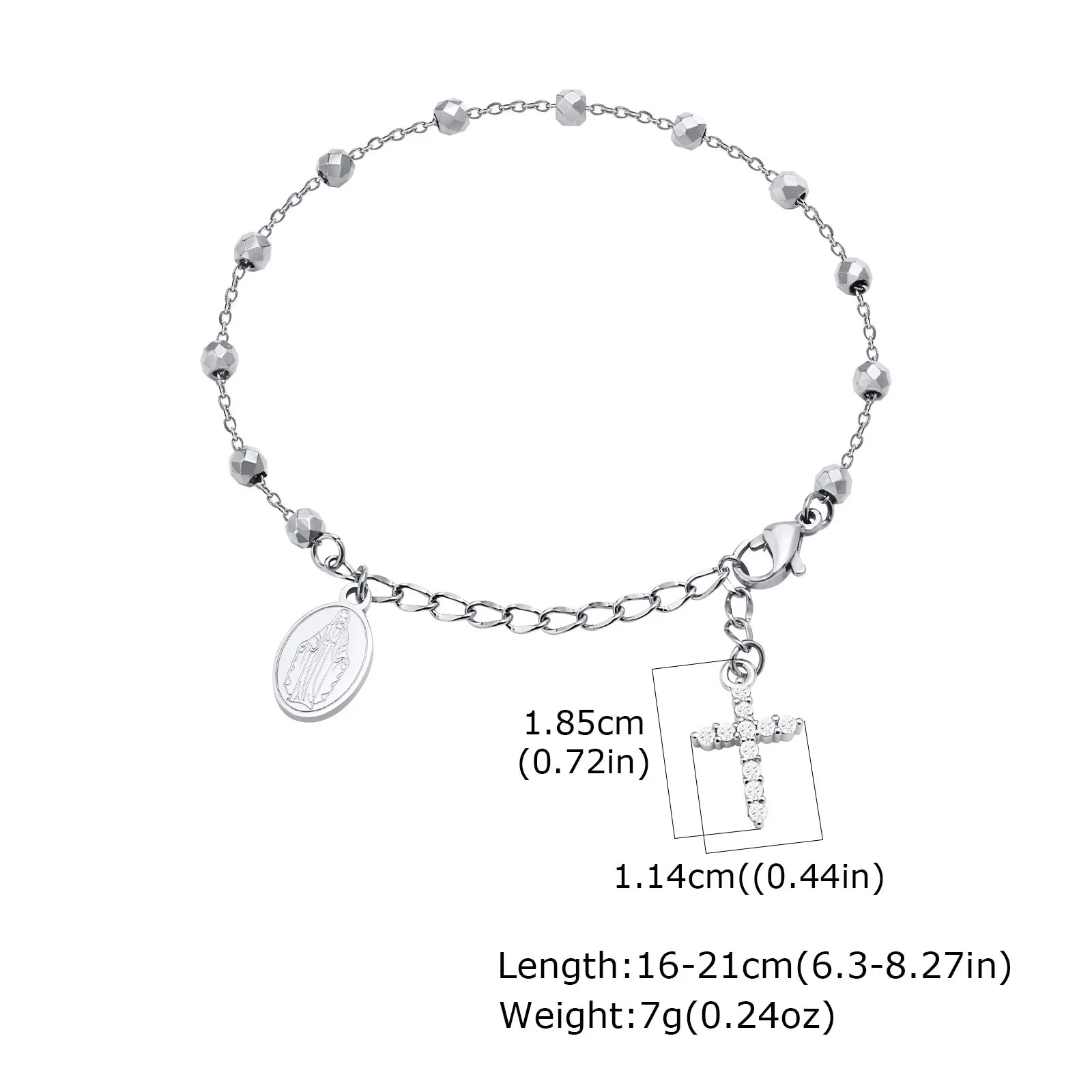 Pulseira de rosário de cruz de zircônia cúbica para mulheres, elo ajustável de maria de aço inoxidável, presente de joia religiosa