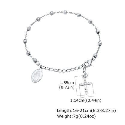Pulseira de rosário de cruz de zircônia cúbica para mulheres, elo ajustável de maria de aço inoxidável, presente de joia religiosa