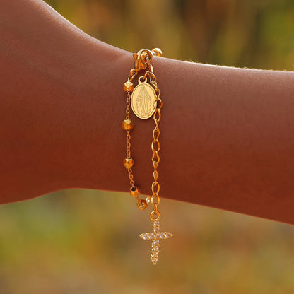 Pulseira de rosário de cruz de zircônia cúbica para mulheres, elo ajustável de maria de aço inoxidável, presente de joia religiosa