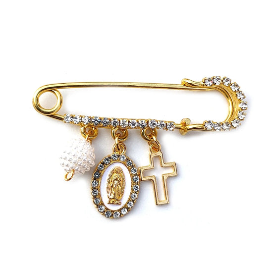 Broche de Roupa com Pingente de Guadalupe e Cruz