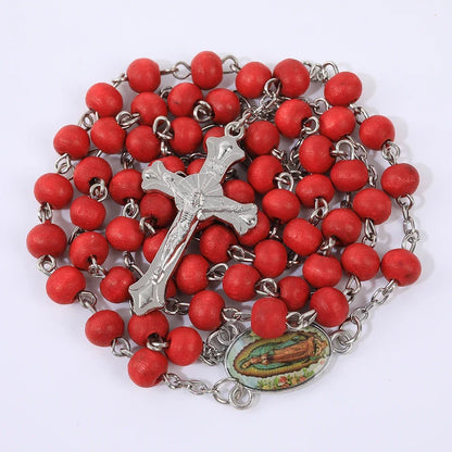 Colar de Rosário de Madeira para Mulheres e Homens, Pingente Religioso Virgem Maria Cruz, Cadeia de Contas Longas, Oração Católica, Jóias Festas, 6mm