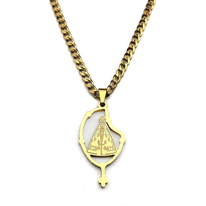 Colar Aparecida com Terço em Aço Inoxidável Dourado/Prateado