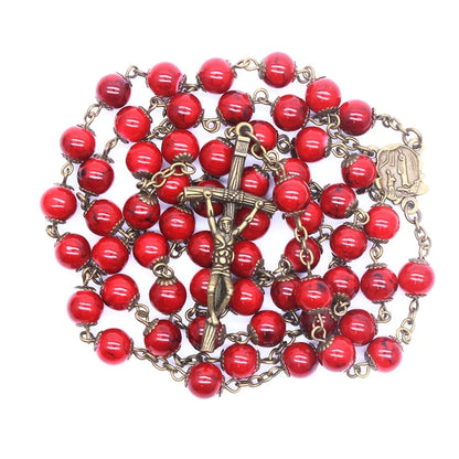 Terço de Nossa Senhora de Lourdes em Bronze com Contas de Vidro Vermelho