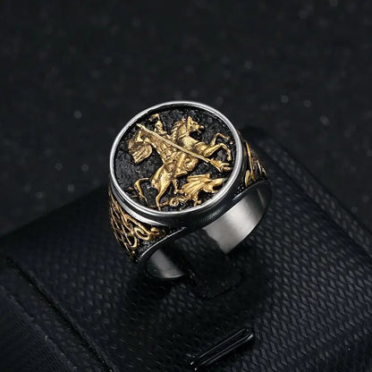 Anel Masculino São Jorge em Aço Inoxidável 316L Prata e Dourado