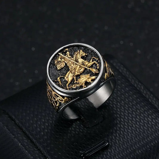 Anel Masculino São Jorge em Aço Inoxidável 316L Prata e Dourado