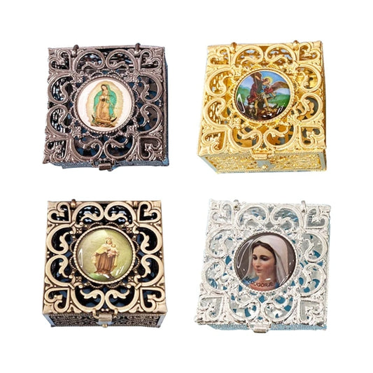 Caixa rosário com miçangas, colar metal, caixa joias religiosas católicas cristãs, armazenamento
