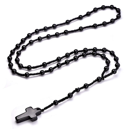 Conjunto Terço e Pulseira de Ágata Negra com Pingente de Cruz