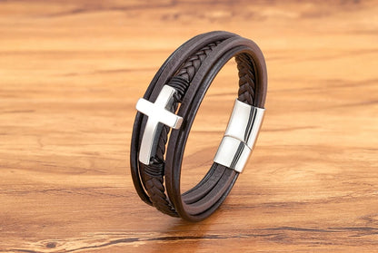 Pulseira Masculina de Couro com Cruz Sagrado Estilo