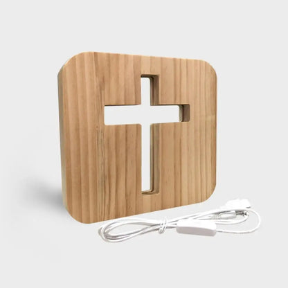 Luminária de Mesa Cruz 3D em Madeira com LED USB