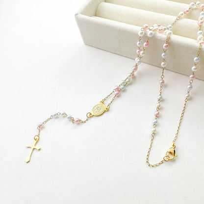 Aço inoxidável Y Forma Beads Cadeia para Mulheres, Cor do Ouro, Virgem Maria, Cruz, Rosário, Colar Longo, Jóias das Meninas, Spiriti Pray