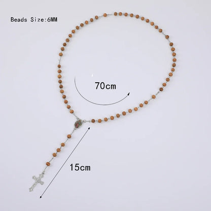 Colar de Rosário de Madeira para Mulheres e Homens, Pingente Religioso Virgem Maria Cruz, Cadeia de Contas Longas, Oração Católica, Jóias Festas, 6mm
