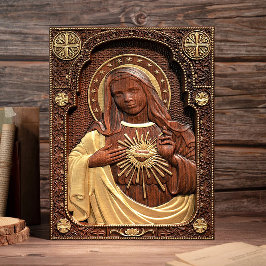 Escultura em Madeira da Virgem Maria - Coração Sagrado