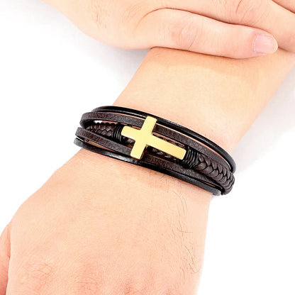 Pulseira Masculina de Couro com Cruz Sagrado Estilo