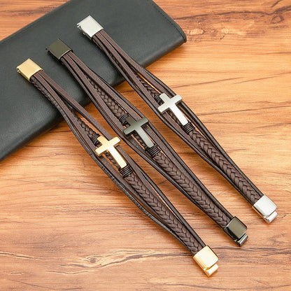 Pulseira Masculina de Couro com Cruz Sagrado Estilo