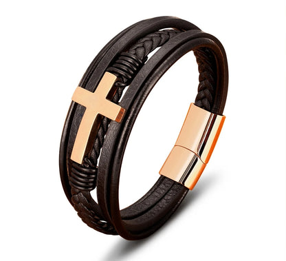 Pulseira Masculina de Couro com Cruz Sagrado Estilo