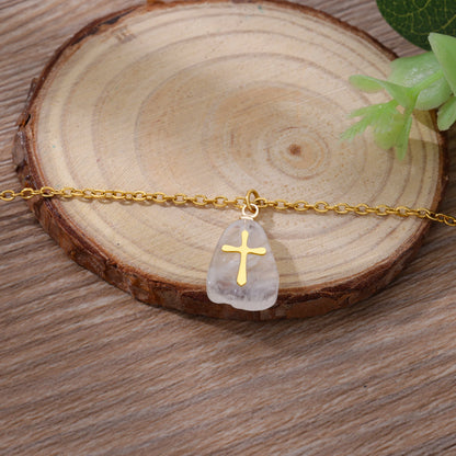 Colar Cruz de Pedra Natural em Aço Inoxidável