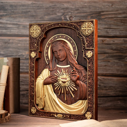 Escultura em Madeira da Virgem Maria - Coração Sagrado