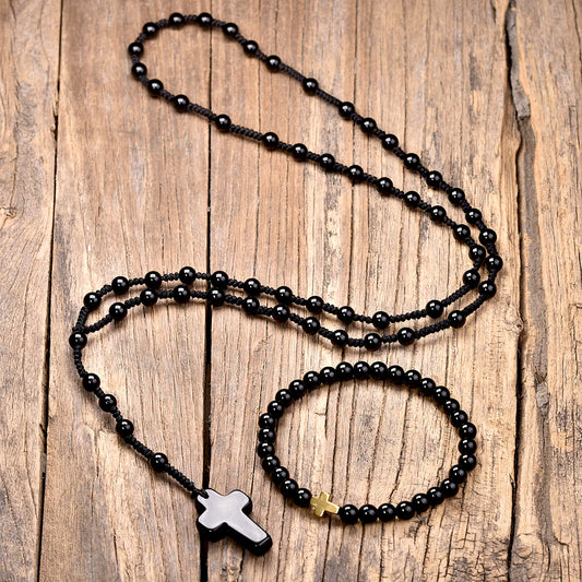 Conjunto Terço e Pulseira de Ágata Negra com Pingente de Cruz