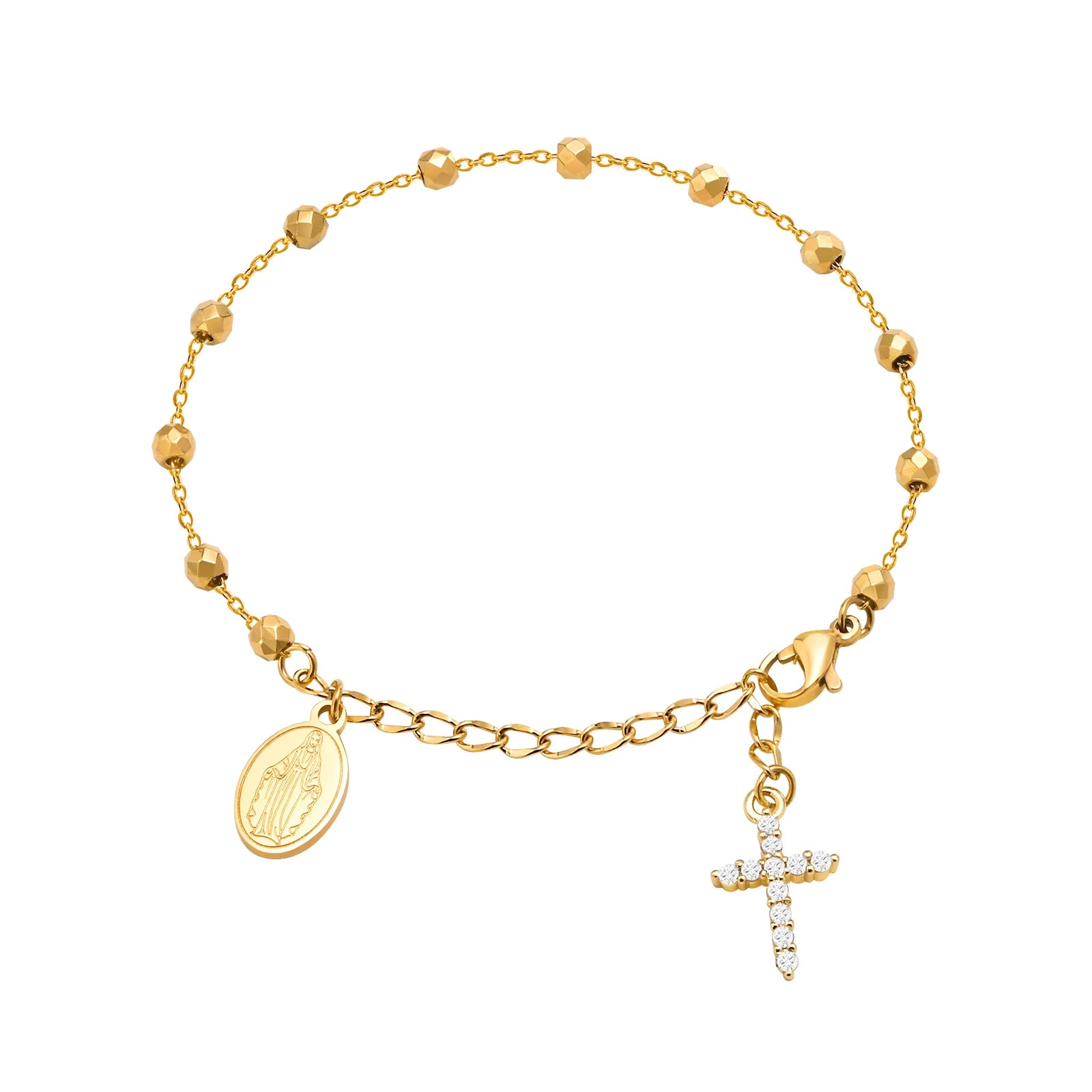 Pulseira de rosário de cruz de zircônia cúbica para mulheres, elo ajustável de maria de aço inoxidável, presente de joia religiosa