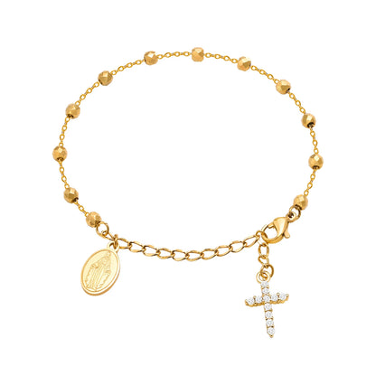 Pulseira de rosário de cruz de zircônia cúbica para mulheres, elo ajustável de maria de aço inoxidável, presente de joia religiosa