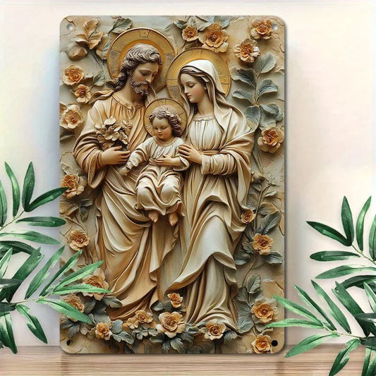 Placa Decorativa Sagrada Família em Tons Alaranjados