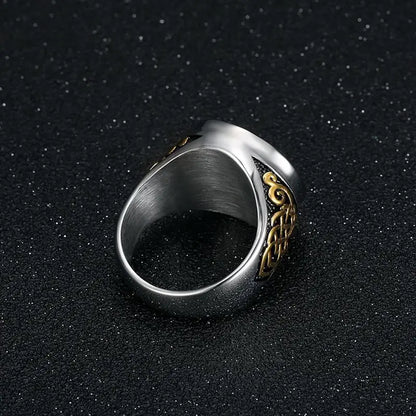 Anel Masculino São Jorge em Aço Inoxidável 316L Prata e Dourado