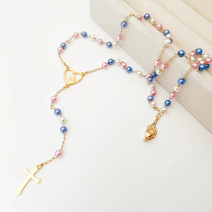 Aço inoxidável Y Forma Beads Cadeia para Mulheres, Cor do Ouro, Virgem Maria, Cruz, Rosário, Colar Longo, Jóias das Meninas, Spiriti Pray