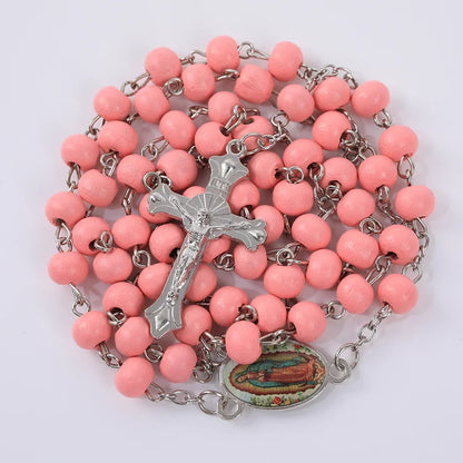 Colar de Rosário de Madeira para Mulheres e Homens, Pingente Religioso Virgem Maria Cruz, Cadeia de Contas Longas, Oração Católica, Jóias Festas, 6mm