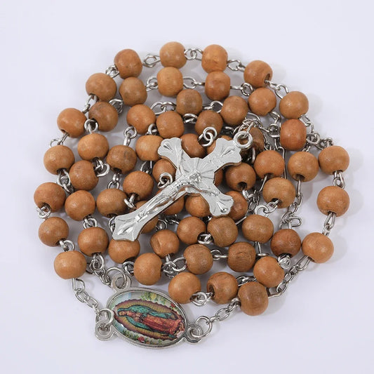Colar de Rosário de Madeira para Mulheres e Homens, Pingente Religioso Virgem Maria Cruz, Cadeia de Contas Longas, Oração Católica, Jóias Festas, 6mm