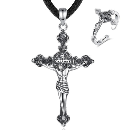 Conjunto Anel e Colar Cruz de São Bento em Prata 925