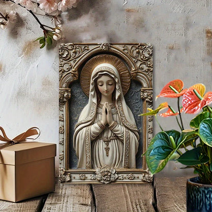 Placa Decorativa Virgem Maria Branco e Dourado