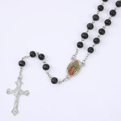 Colar de Rosário de Madeira para Mulheres e Homens, Pingente Religioso Virgem Maria Cruz, Cadeia de Contas Longas, Oração Católica, Jóias Festas, 6mm
