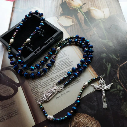 Terço Nossa Senhora de Guadalupe com Contas de Cristais Azuis