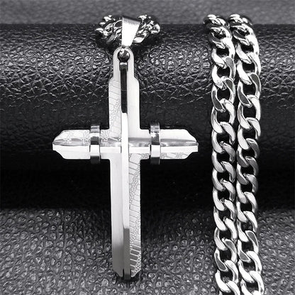 Colar cruzado longo para homens e mulheres, colares cristãos banhados a ouro, joias motociclistas, aço inoxidável masculino, N2341S03