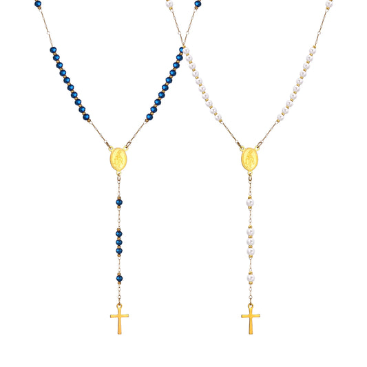 Colar Terço Nossa Senhora das Graças com Pingente de Cruz Banhado a Ouro