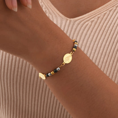 Vnox personalidade virgem maria moeda encantos pulseiras para homens mulheres, pequenas beas pulseira frisada, unissex cristo fé batismo presente