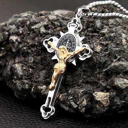 Colar Masculino com Cruz de São Bento em Aço Inoxidável 316L