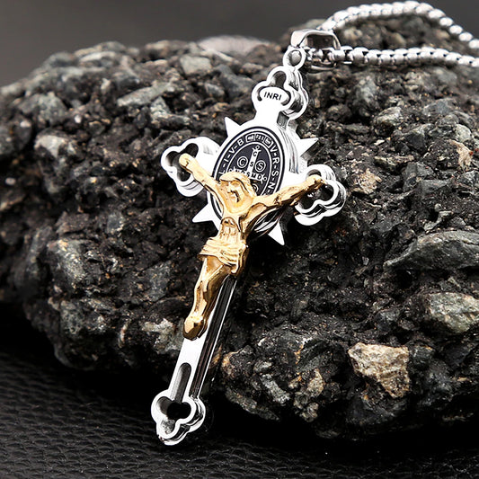 Colar Masculino com Cruz de São Bento em Aço Inoxidável 316L