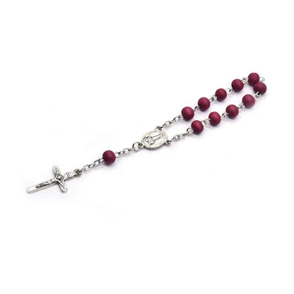 Pulseira Dezena com Contas de Madeira Vermelha Nossa Senhora de Fátima