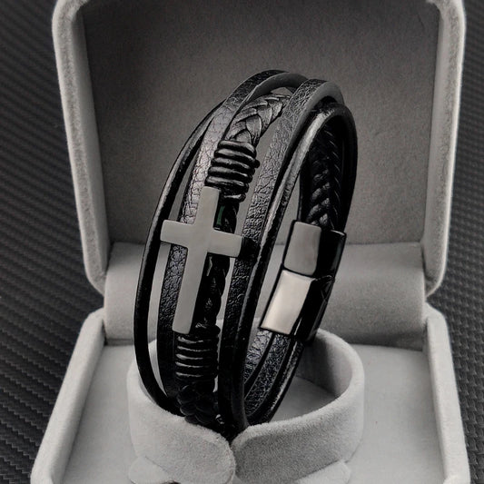Pulseira Masculina de Couro com Cruz Sagrada Devoção