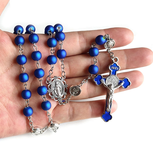 Terço Azul com Entremeio de Nossa Senhora das Graças e Cruz de São Bento