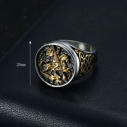 Anel Masculino São Jorge em Aço Inoxidável 316L Prata e Dourado