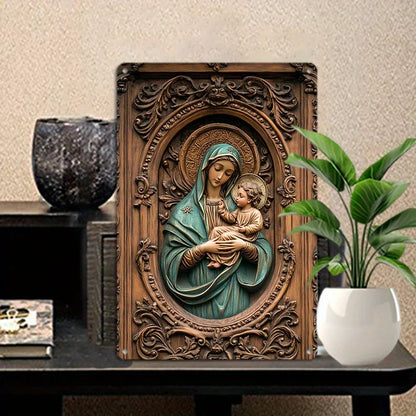 Placa Decorativa de Maria e Jesus com Acabamento Texturizado Premium