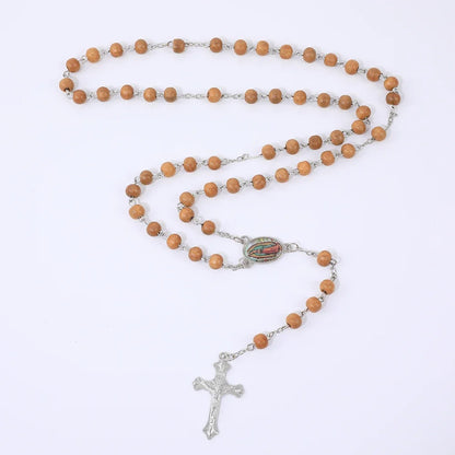 Colar de Rosário de Madeira para Mulheres e Homens, Pingente Religioso Virgem Maria Cruz, Cadeia de Contas Longas, Oração Católica, Jóias Festas, 6mm