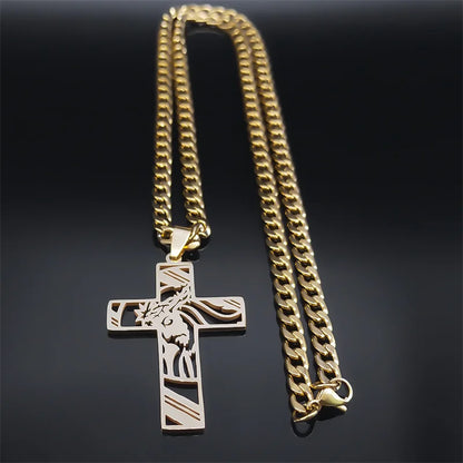 Colar Crucifixo Jesus em Aço Inoxidável Banhado a Ouro