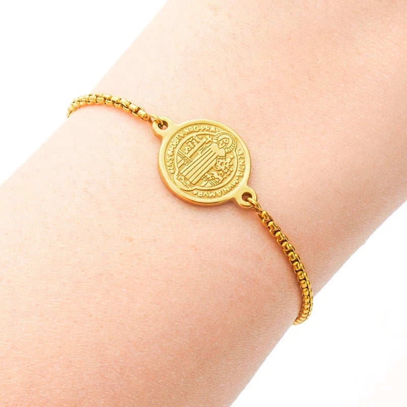 Pulseira Medalha São Bento em Aço Inoxidável Ajustável