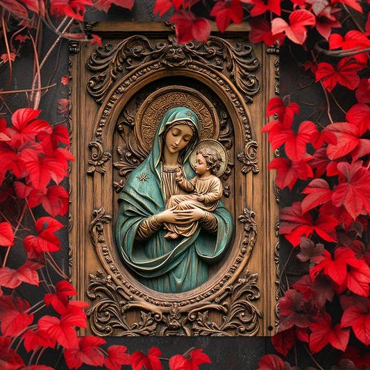 Placa Decorativa de Maria e Jesus com Acabamento Texturizado Premium