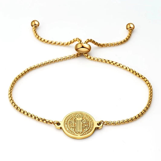 Pulseira Medalha São Bento em Aço Inoxidável Ajustável